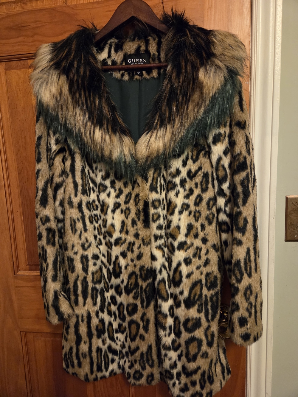 GUESS Leopard Print Faux-Fur Coat with Dark Green Trim
